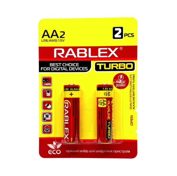 Купити оптом Купити Батарейка лужна RABLEX TURBO ALKALINE LR03/AAA 2шт/блістер (Ціна вказана за 2шт) оптом - ціна 19 грн в Україні 