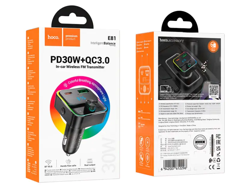 Купить оптом ФМ модулятор HOCO E81 (PD30W+QC3.0+Bluetooth) в Украине 