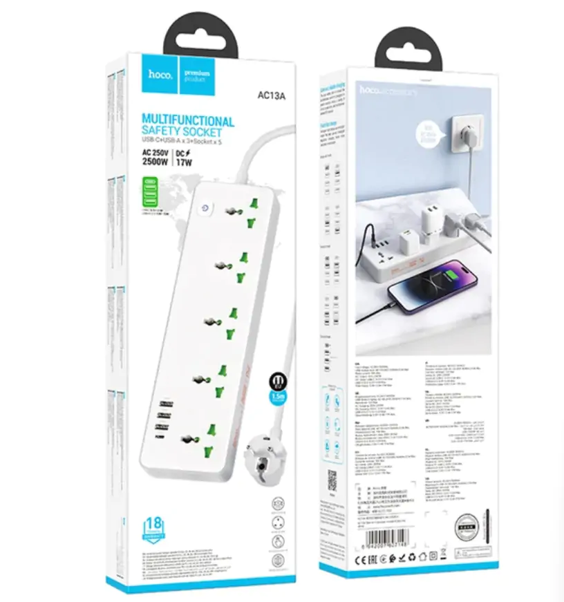 Купити оптом Купити Подовжувач мережевий фільтр 2500W (5РОЗ 3USB 1USB-C) HOCO AC13A оптом - ціна 373 грн в Україні 