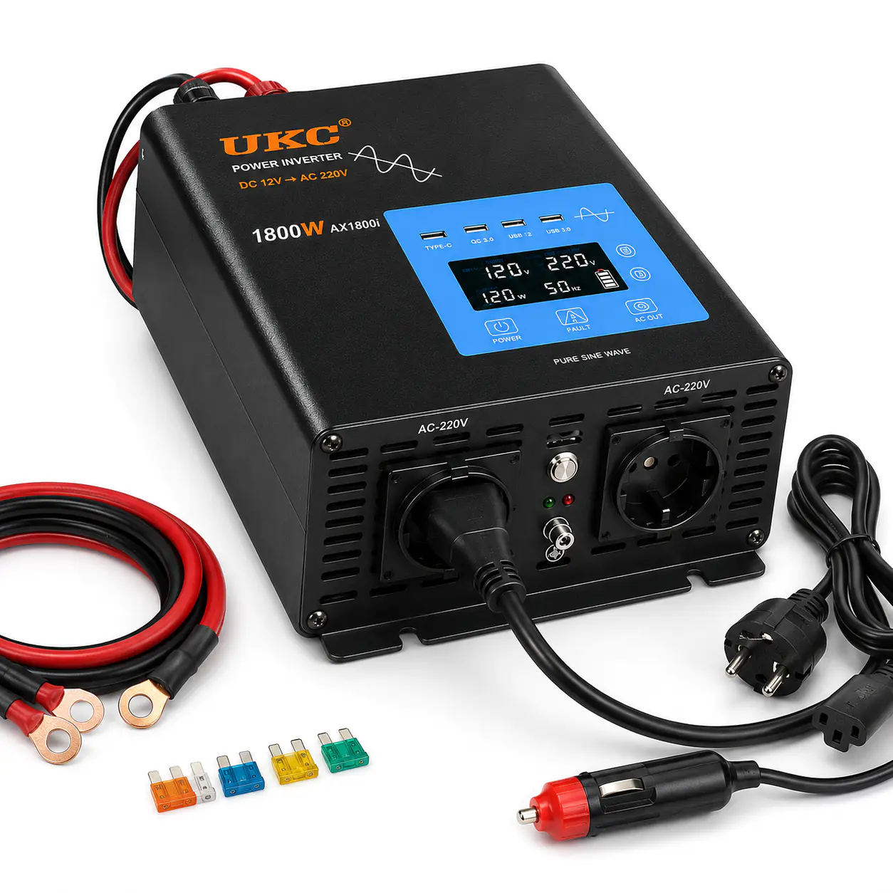 Купить оптом Преобразователь инвертор UKC AX1800i 1800W (чистый синус, LCD, Type-C, 2×USB 3.0) в Украине , изображение 2